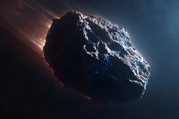 Asteroid with Glowing Trail in Deep Cosmic Space
