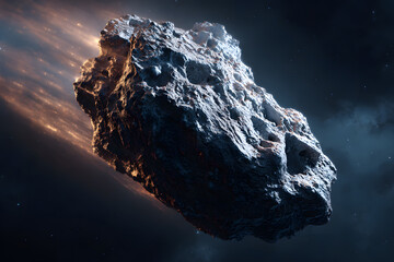 Asteroid with Glowing Trail in Deep Cosmic Space