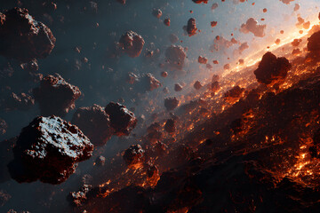 Asteroid stream in deep space, a collapsing minor planet in orbit, debris from a cosmic body