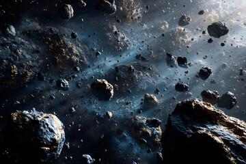 Asteroid stream in deep space, a collapsing minor planet in orbit, debris from a cosmic body