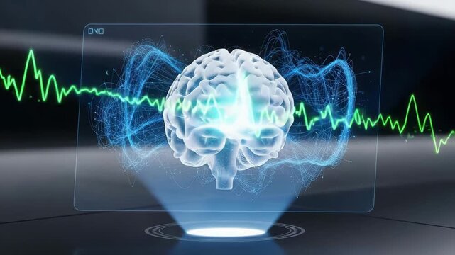 Holographic brain scan with neural network visualization and eeg waveform
