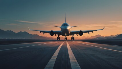 Wide-body passenger airplane seen directly from the front during a smooth landing approach or rapid takeoff run on a long asphalt runway. Travel and transportation concept