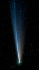 Comet flying through space with a bright tail glowing in the darkness of space, view of the night sky, astrophotography