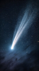 Comet flying through space with a bright tail glowing in the darkness of space, view of the night sky, astrophotography