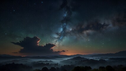 Stunning ultra-realistic render of a dramatically colorful celestial sky with the vast luminous band of the Milky Way extending over a dark mountainous horizon. Space and astronomy concept