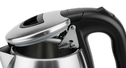 Close-up shot of the open lid and handle of a stainless steel electric kettle.
