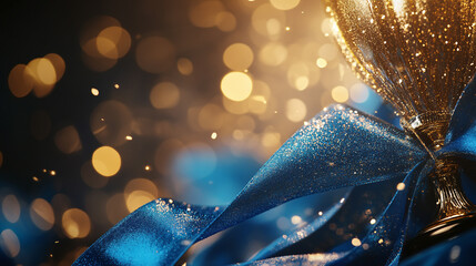 A close-up of a blue ribbon draped over a gold trophy, glistening under soft spotlighting in a prestigious awards ceremony setting