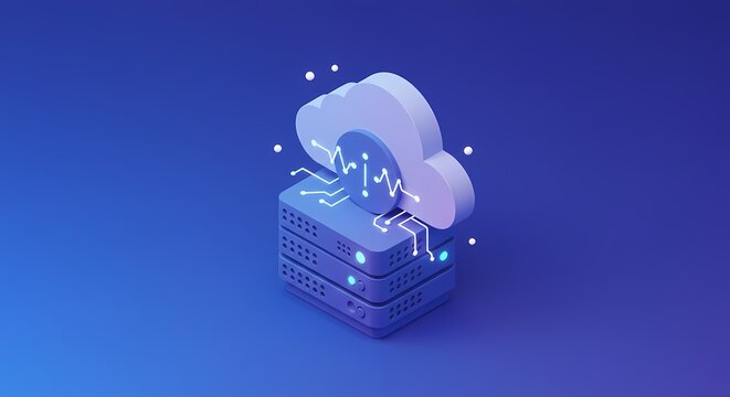 Abstract illustration of cloud computing with servers and digital elements on a vibrant background