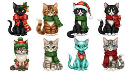 Collection of eight adorable and festive cartoon cats dressed in christmas holiday attire and winter scarves against a black background