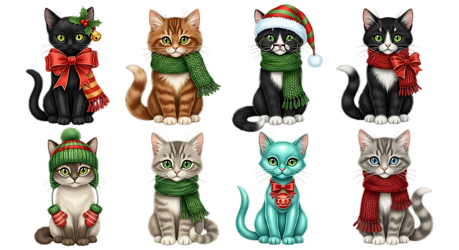Collection of eight adorable and festive cartoon cats dressed in christmas holiday attire and winter scarves against a black background - Powered by Adobe