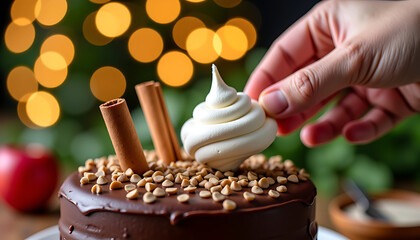 Decorating Chocolate Cake with Marshmallow and Cinnamon