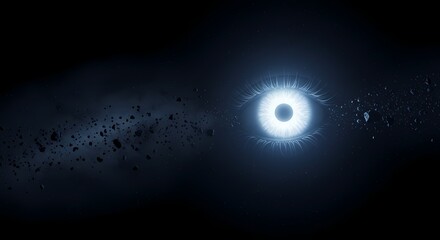 Abstract representation of a cosmic eye observing a dark space filled with asteroids and stars