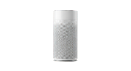 A tall, cylindrical, white and gray air purifier with a textured surface is shown against a white background.