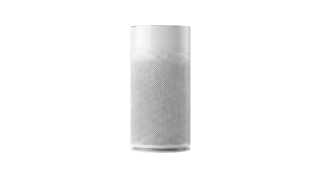 A tall, cylindrical, white and gray air purifier with a textured surface is shown against a white background.