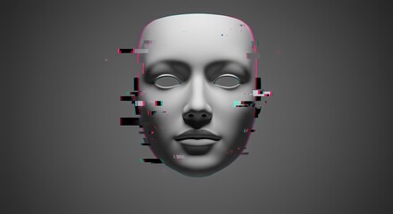 Abstract representation of a digital human face with glitch effects, set against a dark background