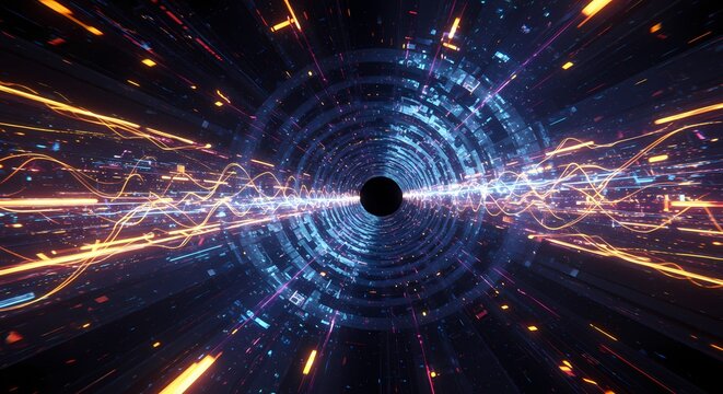 Abstract representation of a black hole with vibrant light trails and digital patterns, suggesting motion