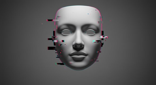 Abstract representation of a digital human face with glitch effects, set against a dark background