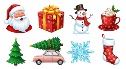 Festive christmas holiday collection featuring santa claus a gift box snowman hot cocoa christmas trees a car snowflake and stocking