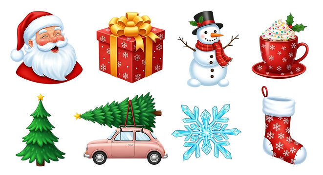 Festive christmas holiday collection featuring santa claus a gift box snowman hot cocoa christmas trees a car snowflake and stocking