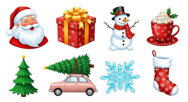 Festive christmas holiday collection featuring santa claus a gift box snowman hot cocoa christmas trees a car snowflake and stocking