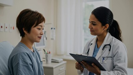 Woman patient in hospital gown smiling while talking to woman doctor with clipboard in consultation room, treatment concept.