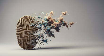 Abstract representation of a fingerprint dissolving into colorful particles, symbolizing identity and technology