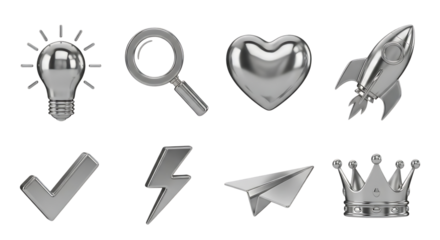 Collection of shiny metallic icons representing ideas search love innovation success power creativity and achievement on a black background