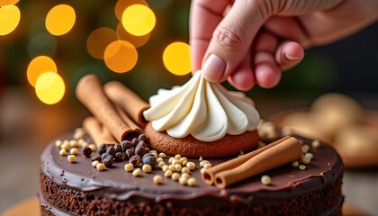 Decorating Chocolate Cake with Marshmallow and Cinnamon