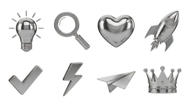 Collection of shiny metallic icons representing ideas search love innovation success power creativity and achievement on a black background - Powered by Adobe