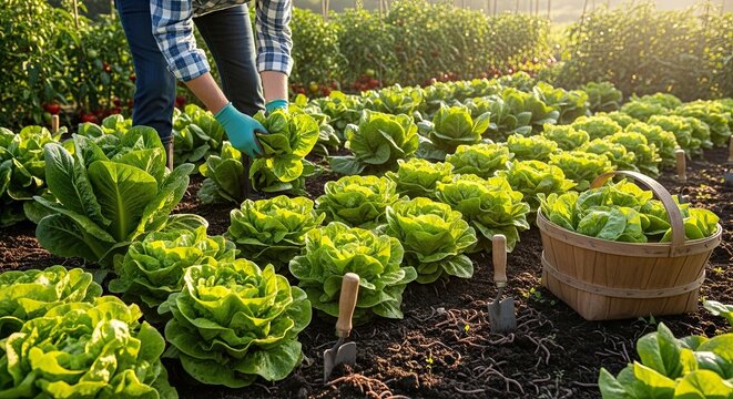 Farmer Harvesting Fresh Lettuce From Organic Garden Rows