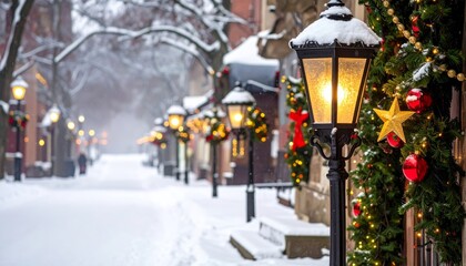 Urban architecture of the old town street in winter with street lamps