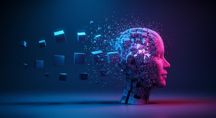 Abstract representation of a human head dissolving into cubes in a vibrant blue and pink background