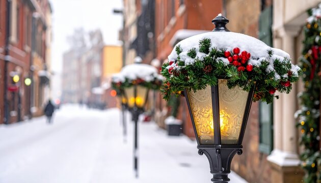 Urban architecture of the old town street in winter with street lamps