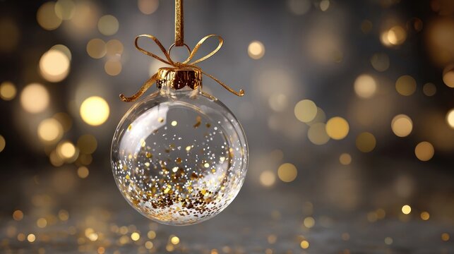 Christmas ornaments glass ball with snow inside. Christmas decorations transparent ball empty, hanging on a golden ribbon, gold glitter confetti, bokeh lights. Realistic 3d 