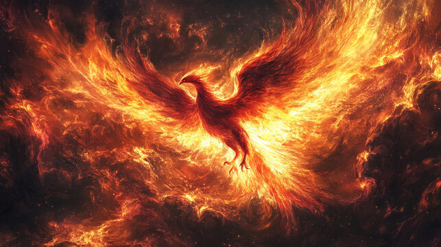 Phoenix rising from digital ashes symbolizing rebirth transformation resilience and the fusion of technology and mythical imagery in a dynamic visionary composition
