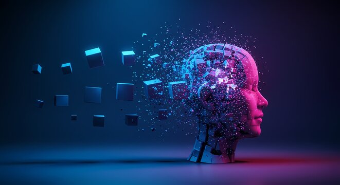Abstract representation of a human head dissolving into cubes in a vibrant blue and pink background