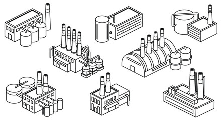 Isometric factory industrial buildings production plant set design