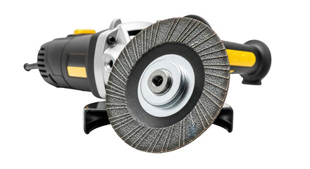 Close-up of a handheld electric grinder with a wire wheel