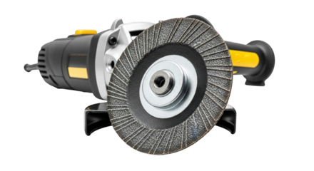 Close-up of a handheld electric grinder with a wire wheel