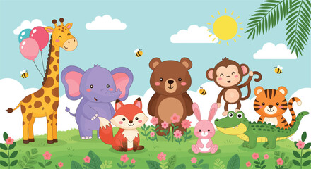 Cartoon animals gathered outdoors with balloons, flowers, bees, and sunshine in colorful grassy landscape under blue sky illustration © MSTAYESHASIDDIKA