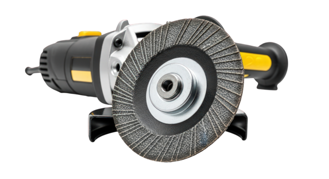 Close-up of a handheld electric grinder with a wire wheel