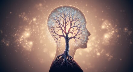 Abstract representation of a human silhouette with a tree growing from the head, symbolizing growth and enlightenment
