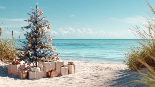 christmas tree and gifts on the sandy beach