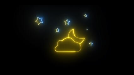 Neon line Moon crescent icon. Half moon filled icon sign symbol. Half moon with star, night sky background.