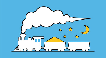 Dreamy train ride under the moon and stars on a blue background