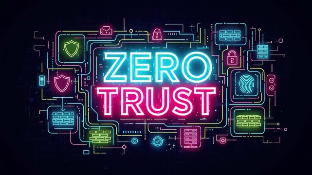 Digital neon illustration of zero trust cybersecurity concept with icons for security, data, and access