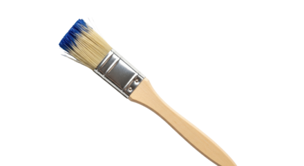 New wooden paintbrush with blue paint on bristles for art, decoration, or home improvement projects. isolated PNG with Transparent Background