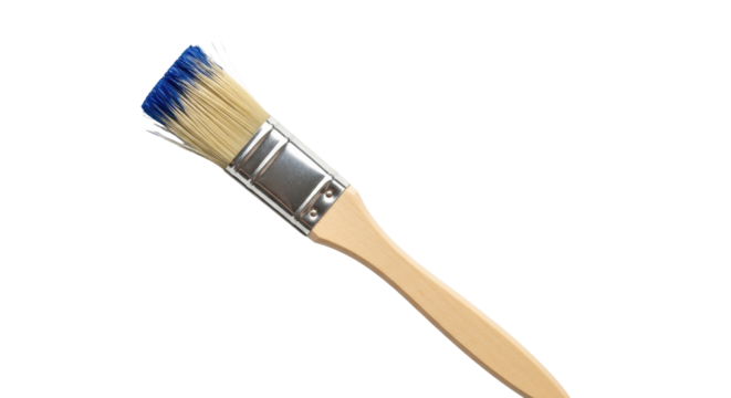 New wooden paintbrush with blue paint on bristles for art, decoration, or home improvement projects. isolated PNG with Transparent Background