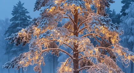 Winter Forest Tree Illuminated With Warm Lights