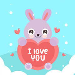 A cute purple cartoon rabbit holding a large red heart with the message 'I love you' on a blue background.